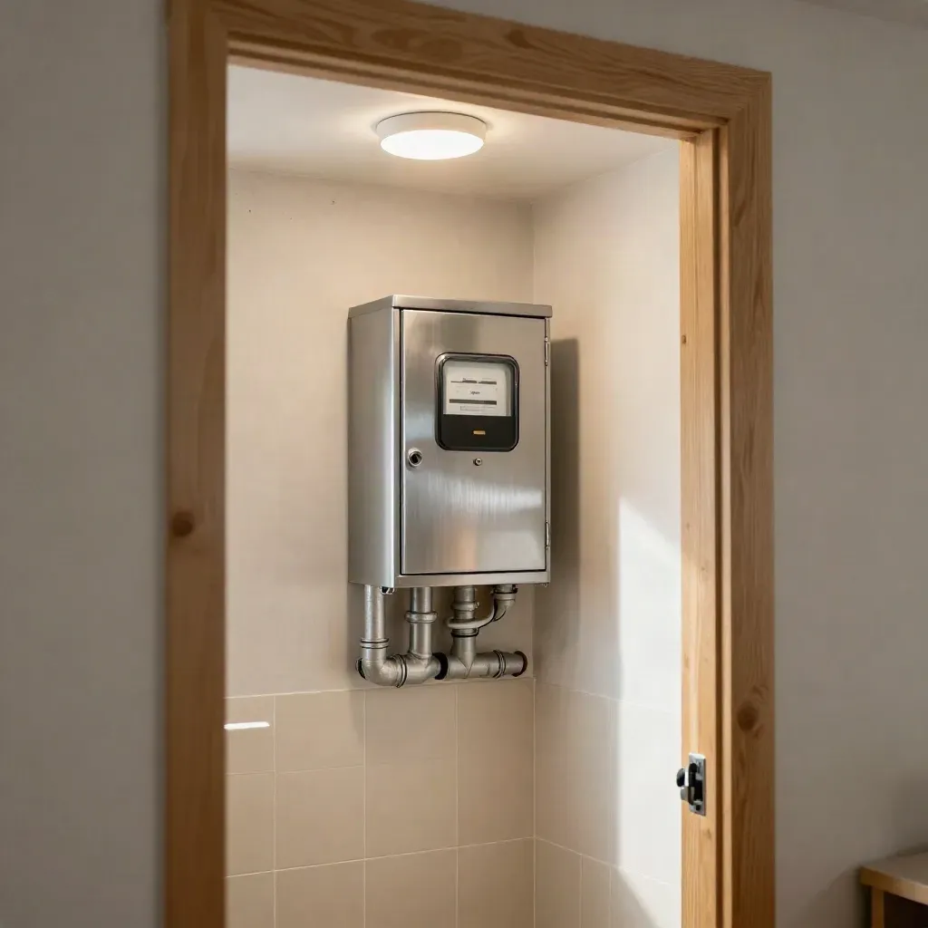 Upgraded utility nook with meter cabinet, pipe sleeves, seal strips, and a new LED light.