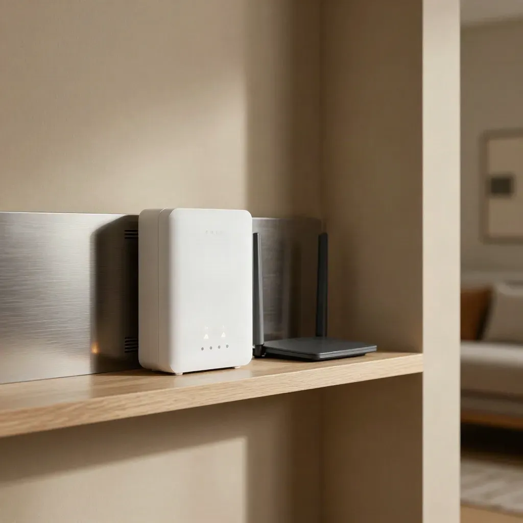 Wall energy hub, router and blinking modules on a pale oak shelf in a bright utility corner.