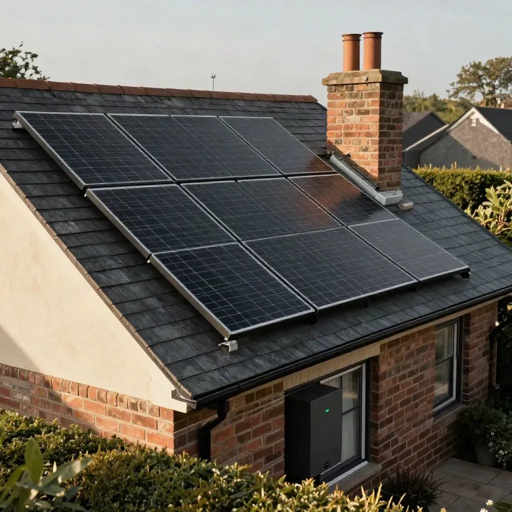 Low garden view of a townhouse roof with solar panels, inverter box and sunlit gutters.