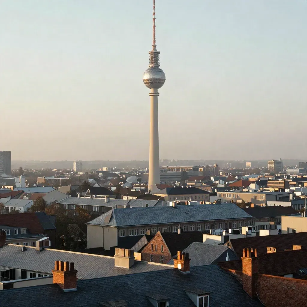 Berlin TV Tower in pale dawn haze above muted rooftops and calm courtyards